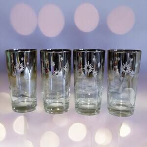 4 MIDCENTURY STARBURST SILVER BAND MIRRORED HIGHBALL GLASSES-BARWARE-Never Used